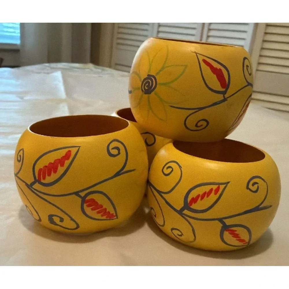 Wood Napkin Rings Set of 4 Yellow Hand Painted Floral Cottage Farmhouse
